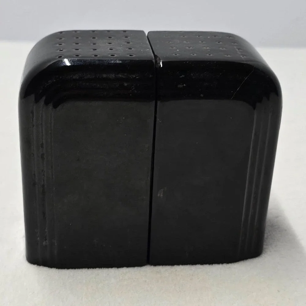 Vintage Art Deco Black Ceramic Salt and Pepper Shakers Ribbed MCM Kitchenware